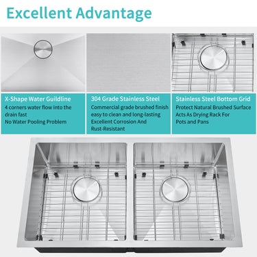 Stainless steel kitchen sink with features highlighted on a white background