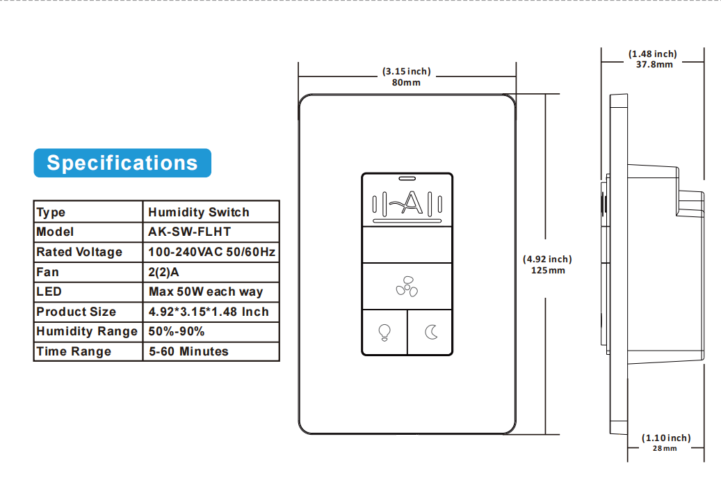 Technical specifications and dimensions of a humidity switch on a white background