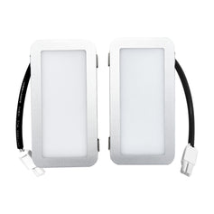 Two rectangular light fixtures with black wiring on a white background