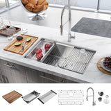 Stainless steel kitchen sink with accessories on a kitchen counter