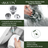 Akicon silver nano kitchen sink with features highlighted on a green background