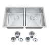 Stainless steel kitchen sink with drainboards and accessories on a white background