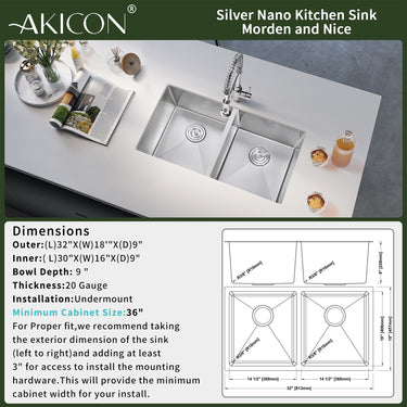 Stainless steel kitchen sink with dimensions and installation details on a white countertop.