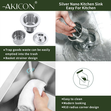 Akicon silver nano kitchen sink with features highlighted on a green background