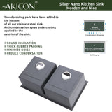 Soundproofing pads for kitchen sinks with AKICON branding and product features.