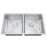 Stainless steel double basin kitchen sink on a white background