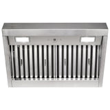 Stainless steel range hood on a white background