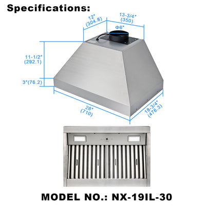 Stainless steel range hood with dimensions and model number on a white background