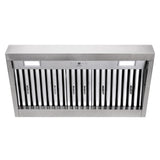 Stainless steel range hood on a white background