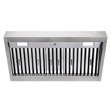 Stainless steel range hood on a white background