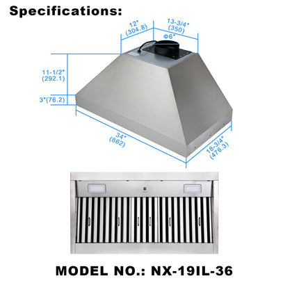 Stainless steel range hood with dimensions and model number on a white background