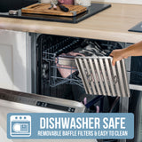 Person removing a dish from a dishwasher with text about dishwasher-safe items.