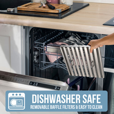 Person removing a dish from a dishwasher with text about dishwasher-safe items.