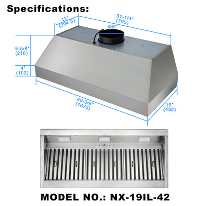 Stainless steel range hood with dimensions and model number on a white background