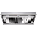 Stainless steel range hood on a white background