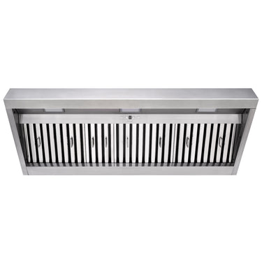 Stainless steel range hood on a white background