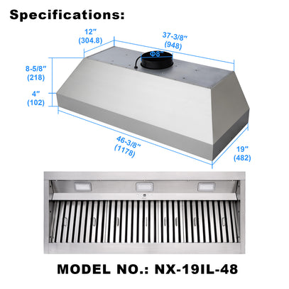 Stainless steel range hood with dimensions labeled on a white background