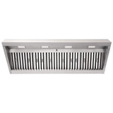 Stainless steel range hood with black interior on a white background