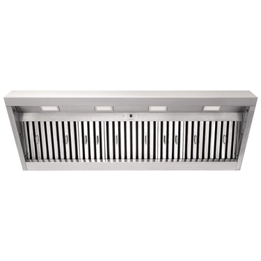 Stainless steel range hood with black interior on a white background