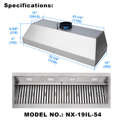 Stainless steel range hood with dimensions and model number on a white background
