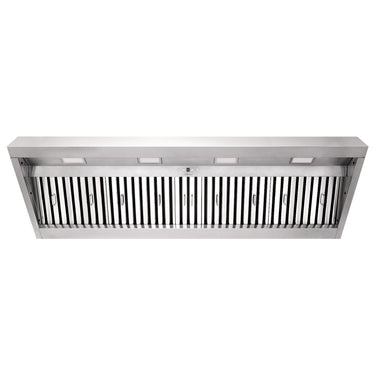Stainless steel range hood on a white background