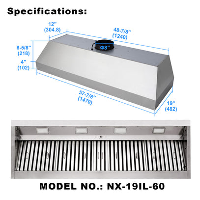 Stainless steel range hood with dimensions and model number on a white background