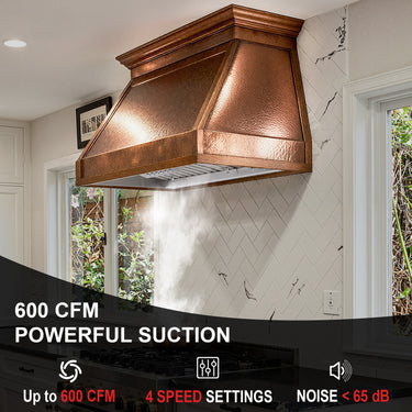 Copper range hood in a kitchen with text highlighting features