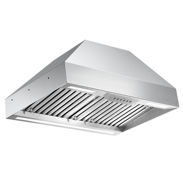 Stainless steel range hood on a white background