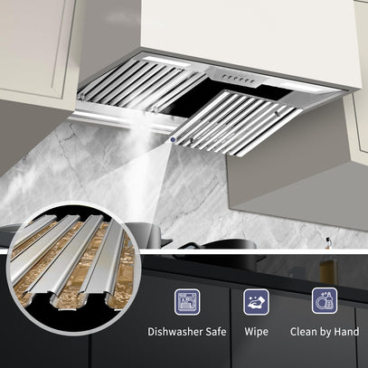 Modern kitchen hood with cleaning instructions and material details.