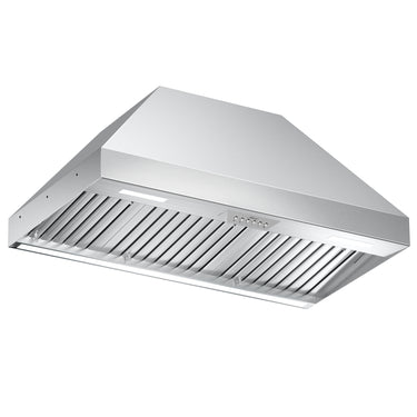 Stainless steel range hood on a white background