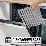 Person removing a filter from a dishwasher with a 'Dishwasher Safe' label.