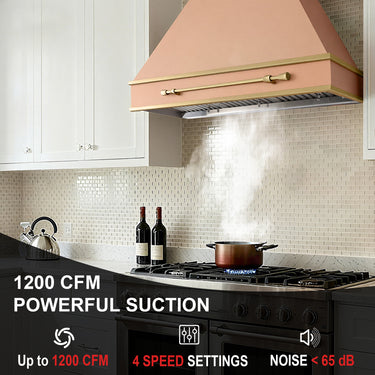 Kitchen with a range hood and stove, featuring text about its performance specifications.
