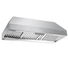 Stainless steel range hood on a white background