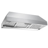 Stainless steel range hood on a white background