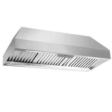 Stainless steel range hood on a white background