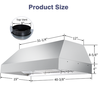 Stainless steel range hood with dimensions and top vent illustration on a white background