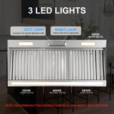 Ventilation hood with LED light controls and color temperature options in a kitchen setting.