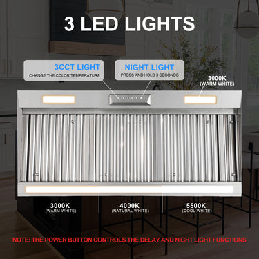 Ventilation hood with LED light controls and color temperature options in a kitchen setting.