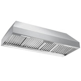 Stainless steel range hood on a white background
