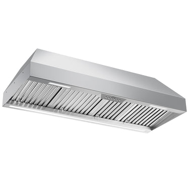 Stainless steel range hood on a white background
