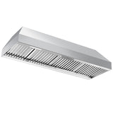 Stainless steel range hood on a white background