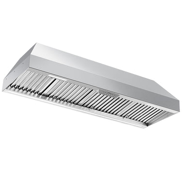 Stainless steel range hood on a white background