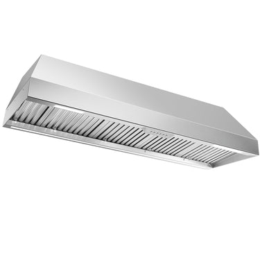 Stainless steel range hood on a white background