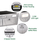 Stainless steel range hood with features highlighted on a white background