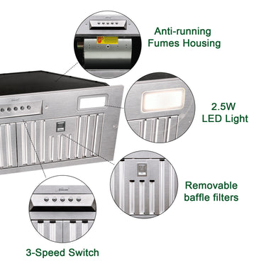 Stainless steel range hood with features highlighted on a white background