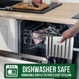 Person loading a dishwasher with cutlery, emphasizing dishwasher-safe features.