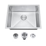Stainless steel kitchen sink with accessories on a white background