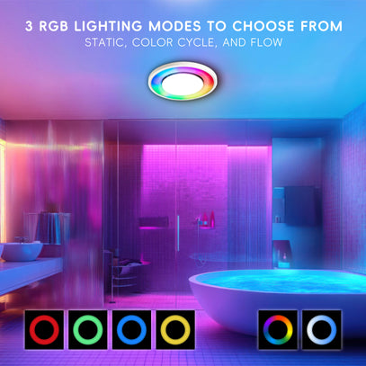 Bathroom with RGB lighting modes displayed on a screen above.
