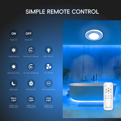 Bathroom with a LED light fixture and remote control, featuring simple remote control options on the left.