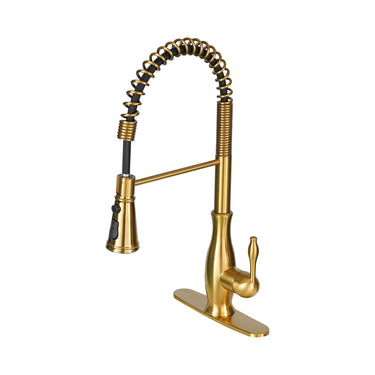Gold kitchen faucet with pull-down spray head on a white background